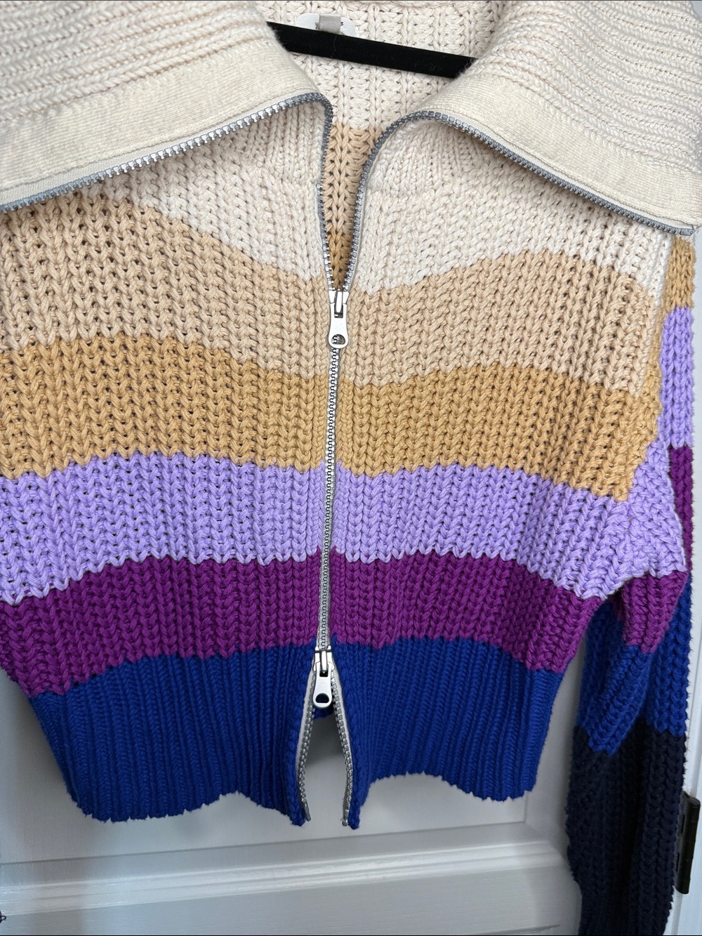 aerie Zip-Front Cropped Striped Sweater in Cream, Tan, Purple, Blue - Picture 7 of 9